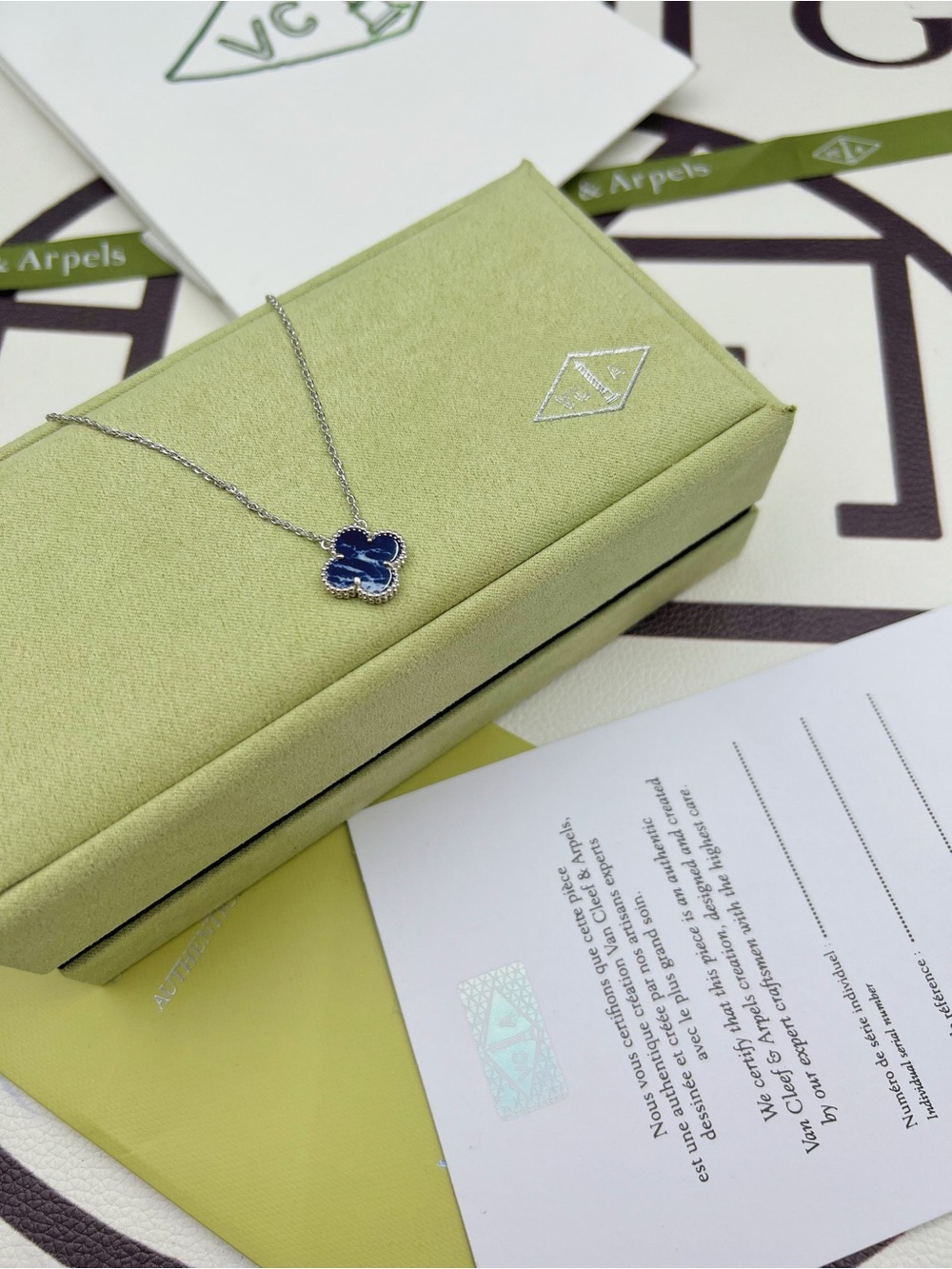 Van Cleef & Arpels Blue Alhambra Clover Necklace - Silver Chain